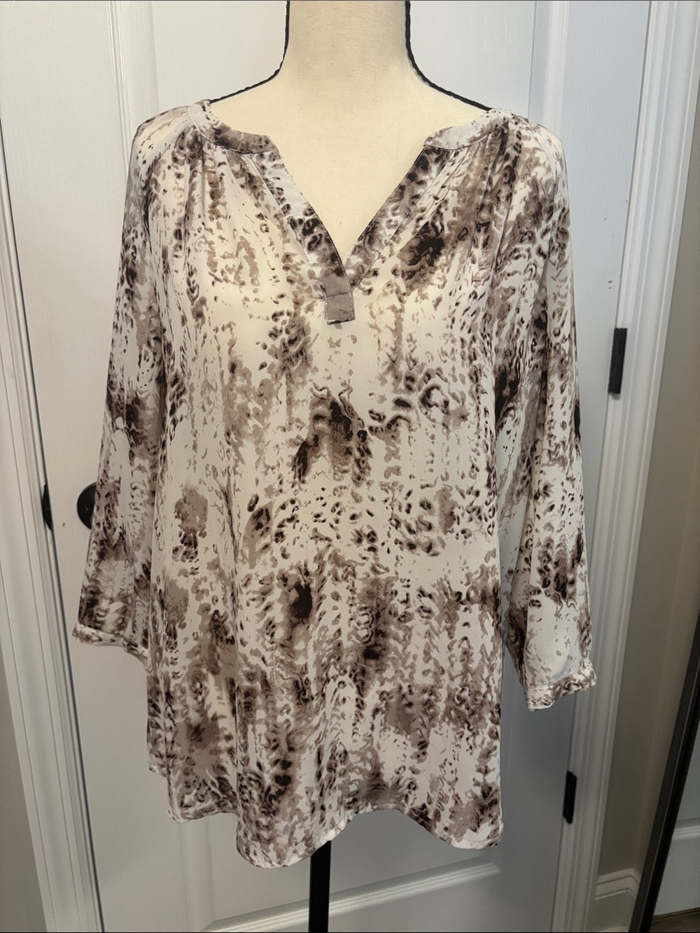Women’s Cream and Brown Printed V-Neck Blouse